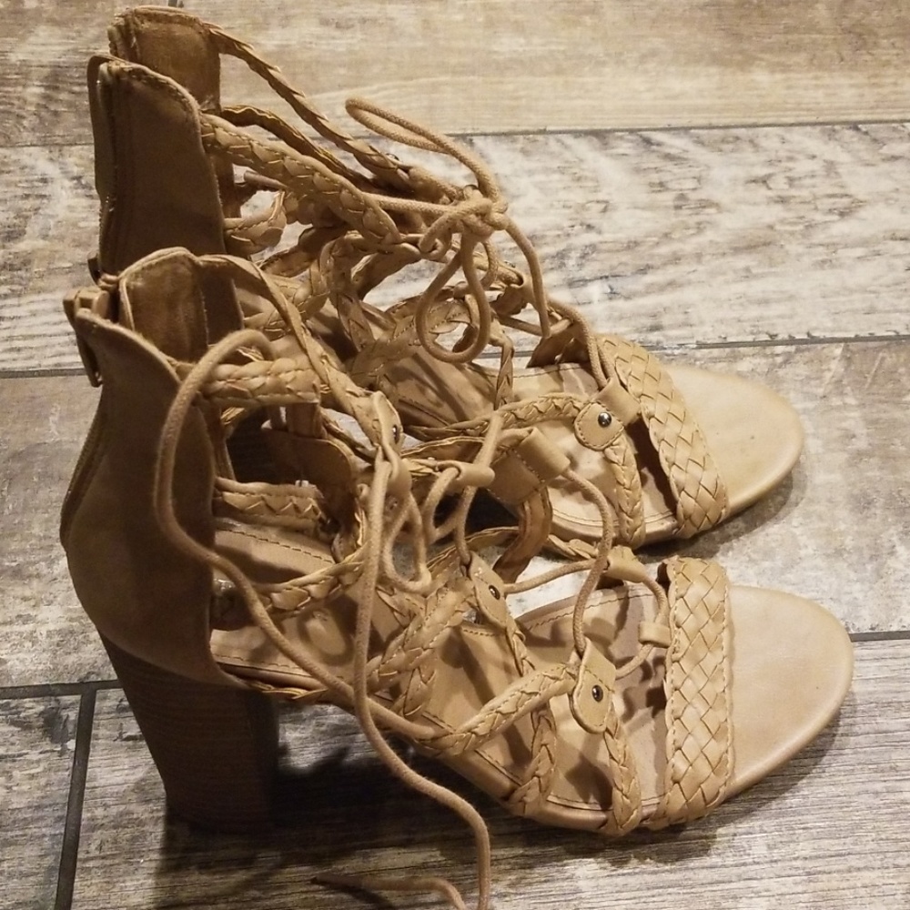 Tan high heel strappy sandals